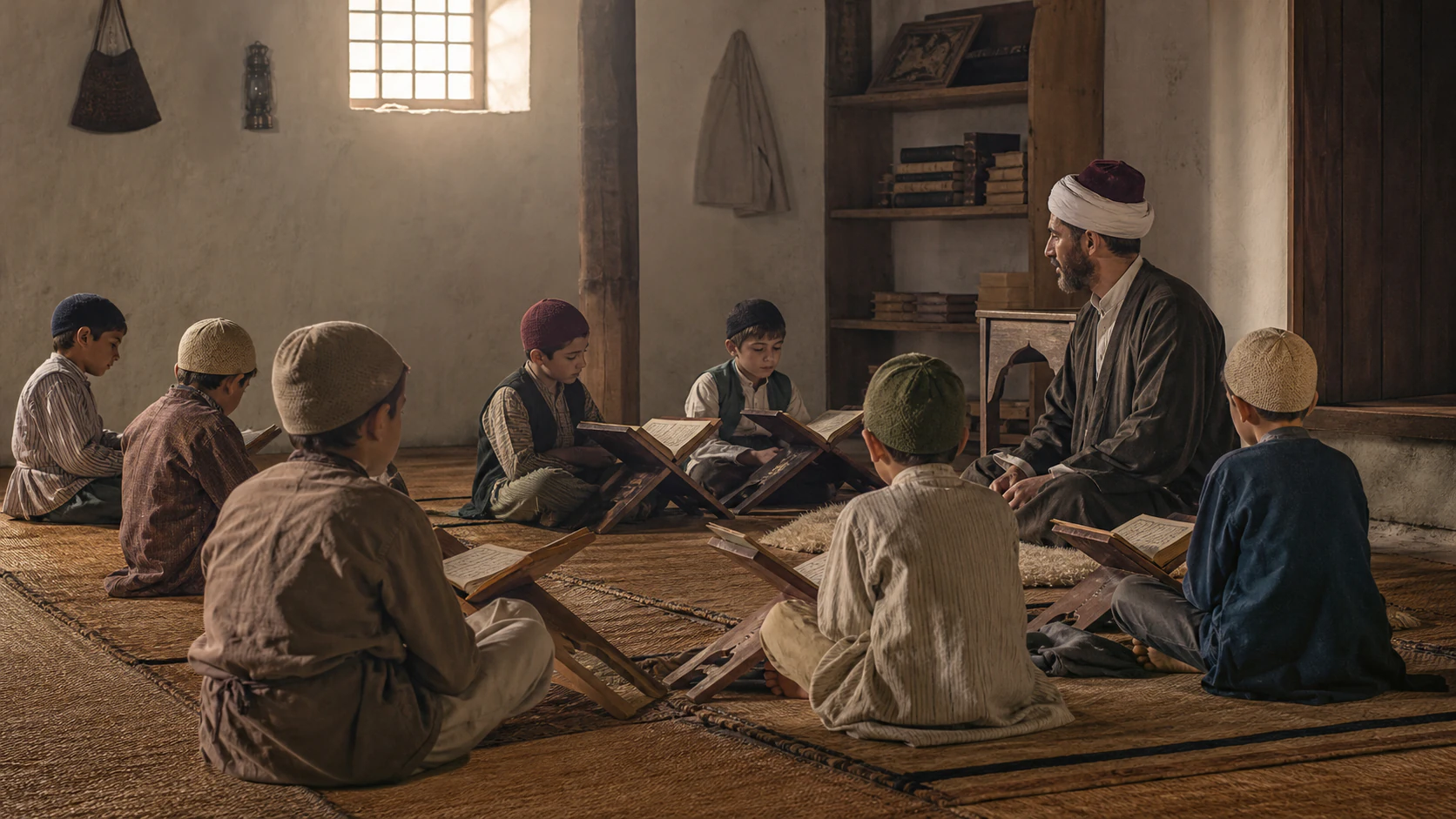Çocukların yerde rahleler önünde oturduğu geleneksel mahalle mektebi canlandırması