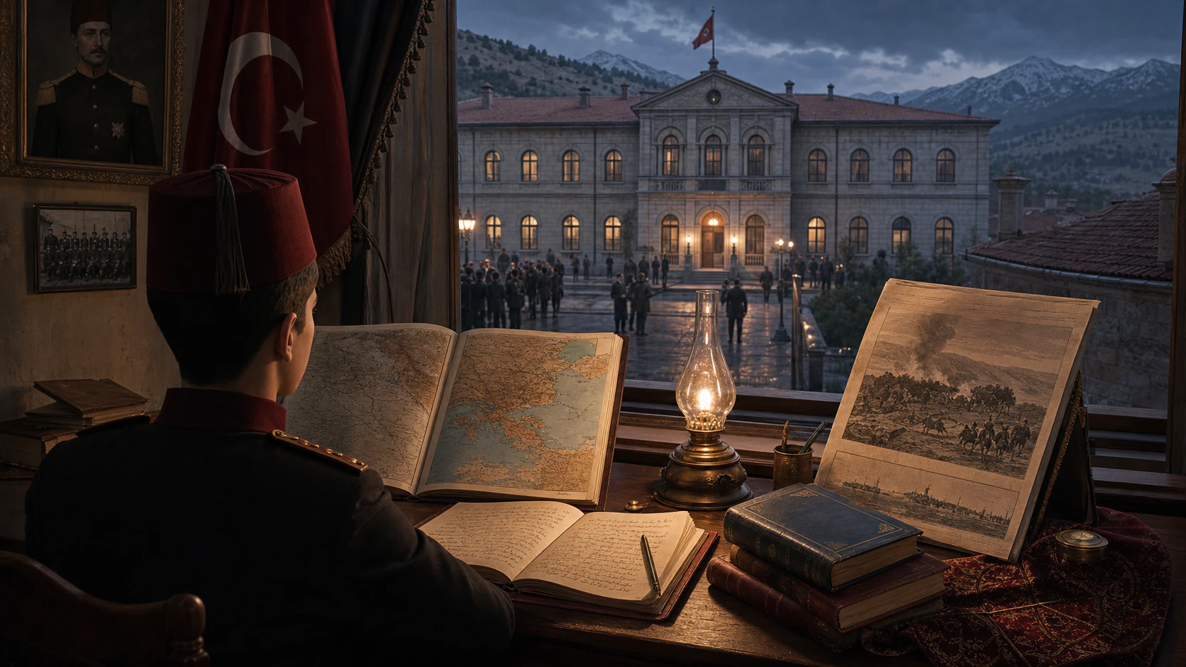 Manastır Askerî İdadisi ve öğrencinin çalışma masasının temsili canlandırması