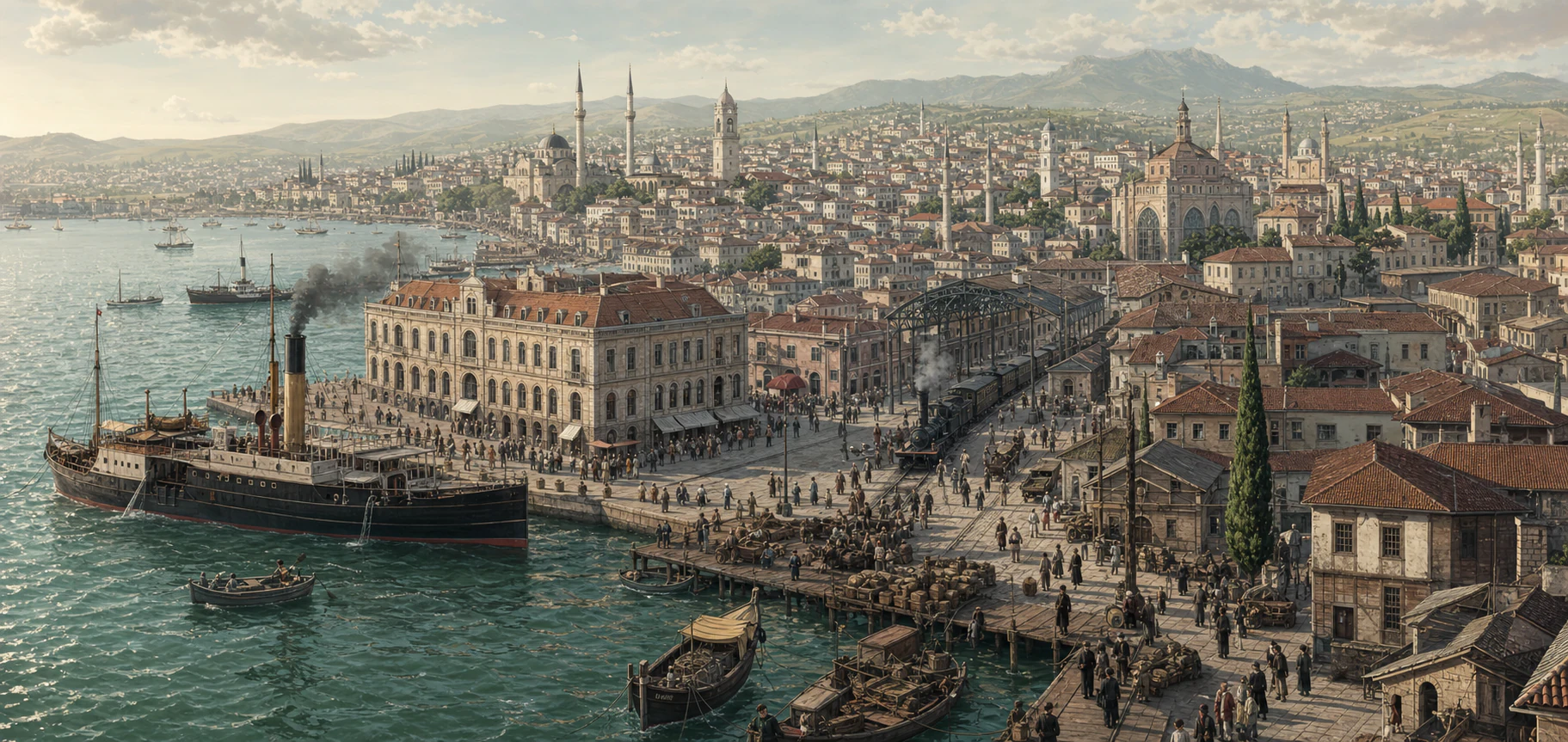 1890 dolaylarında Selanik limanı ve şehir dokusunun temsili canlandırması