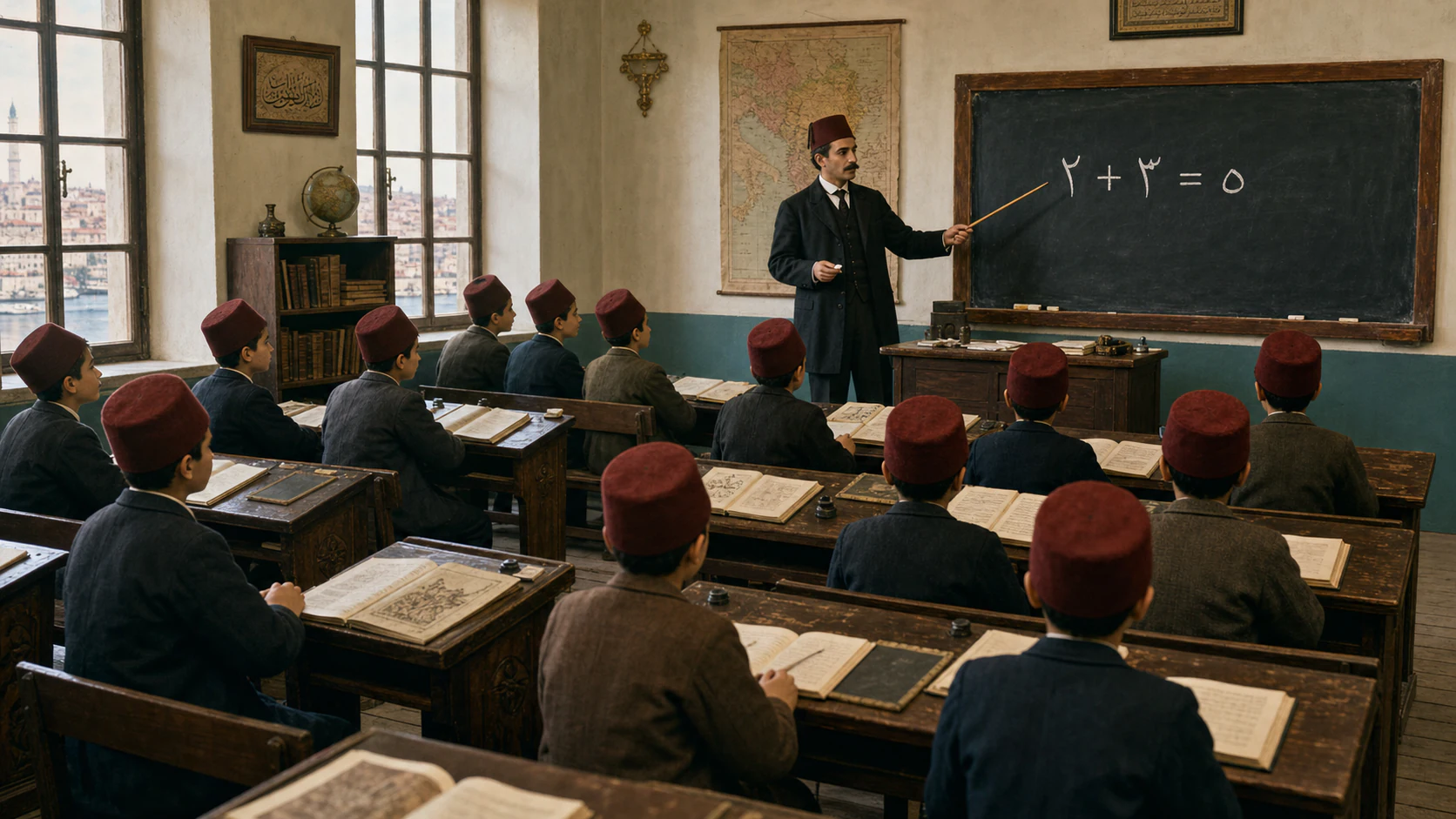 Öğrencilerin sıralarda oturduğu, öğretmenin tahta kullandığı Şemsi Efendi Okulu canlandırması