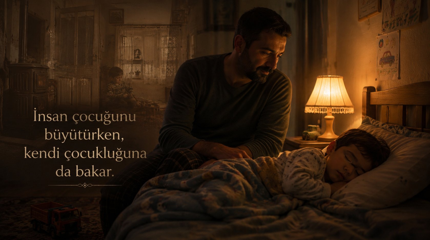 Bir babanın uyuyan çocuğuna bakarken kendi çocukluğunu düşünmesini anlatan görsel