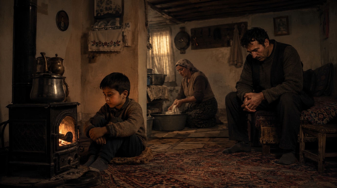 Sobanın yanında oturan çocuk ve yorgun ebeveynleri gösteren ev içi sahnesi