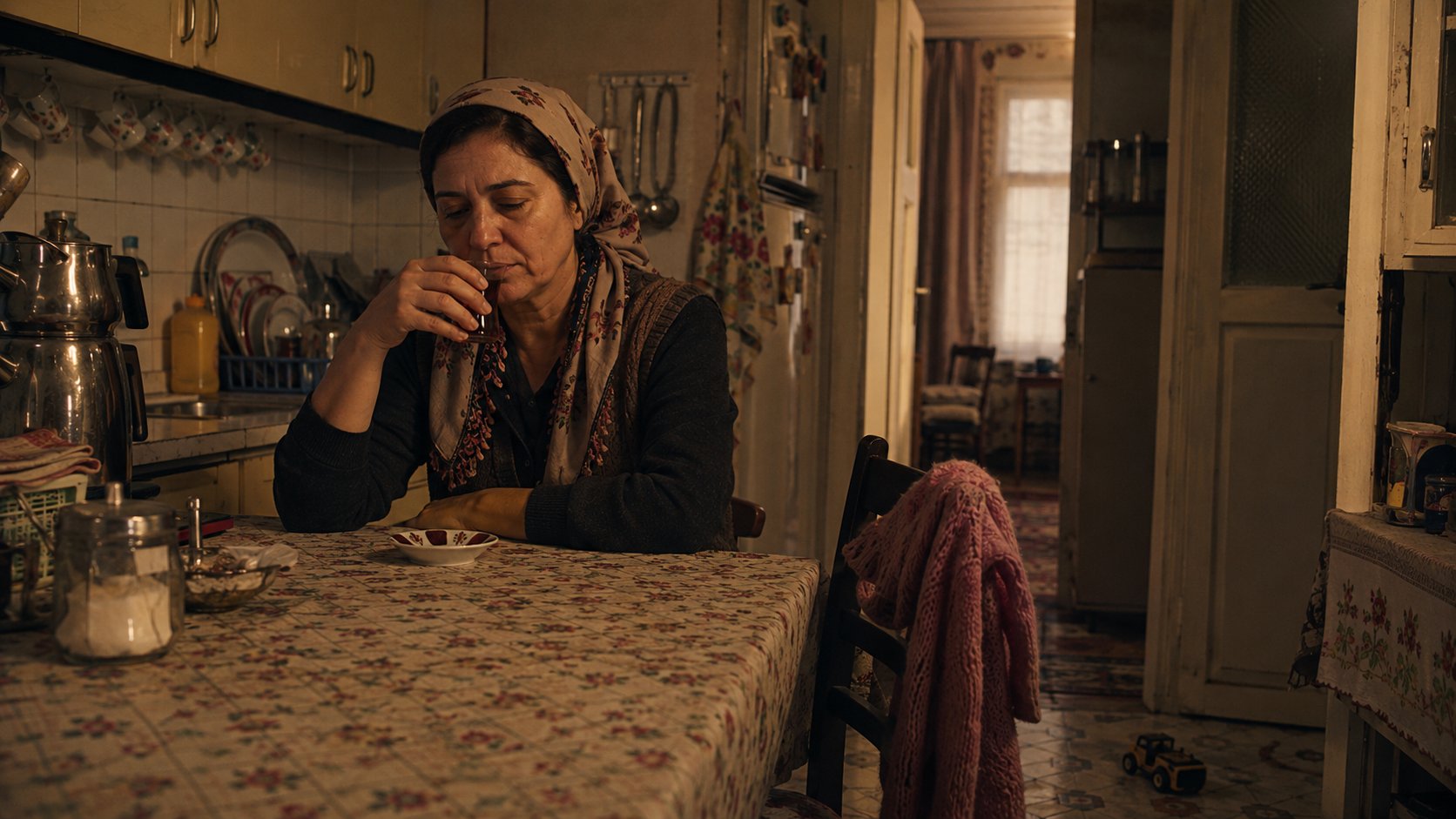 Mutfakta çay içerek kısa bir nefes alan yorgun anne figürü