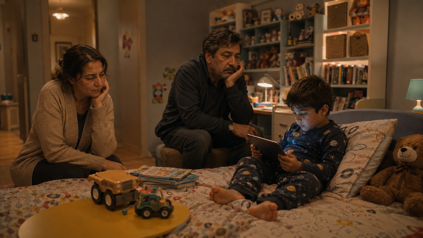 Tablet kullanan çocuğuna bakan kaygılı ebeveynleri gösteren modern aile sahnesi